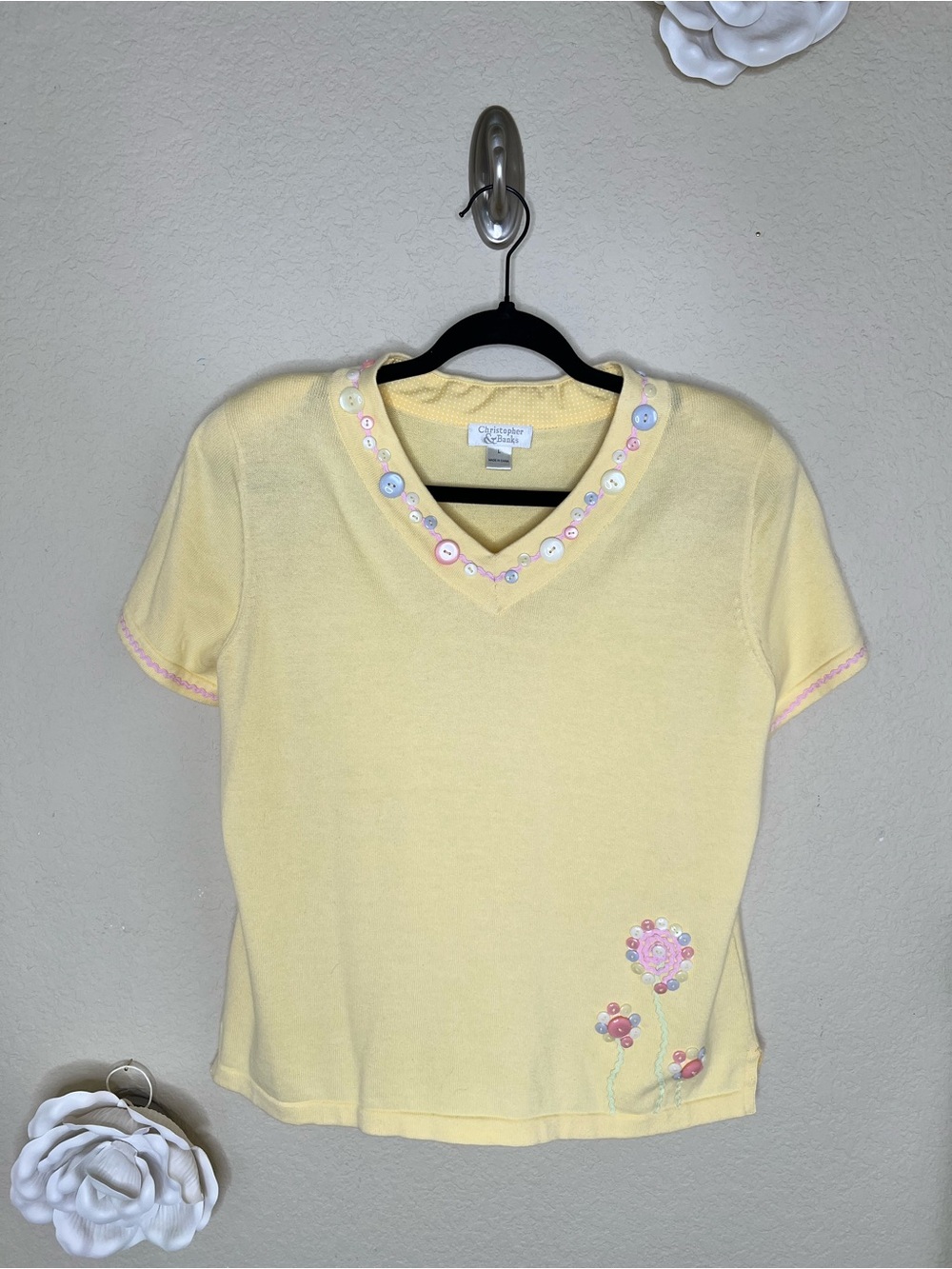 NTM: Vintage Y2K Christopher & Banks Yellow Button Floral Knit Top L